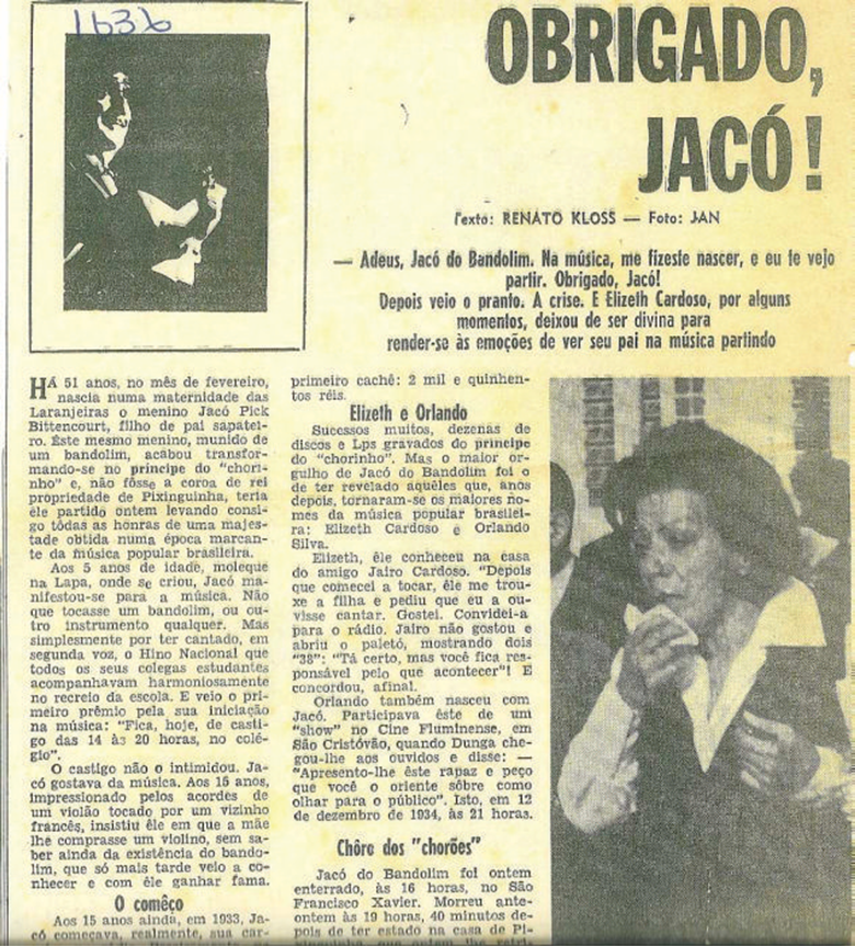 Matéria jornalística sobre o falecimento de Jacob do Bandolim