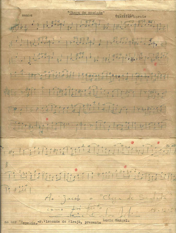 Partitura manuscrita de Chega de Saudade, assinada por Tom Jobim, com dedicatória para Jacob do Bandolim 